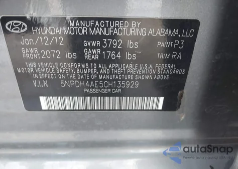 2012 Hyundai Elantra Gls z USA, uszkodzony, nr VIN 5NPDH4AE5CH135929